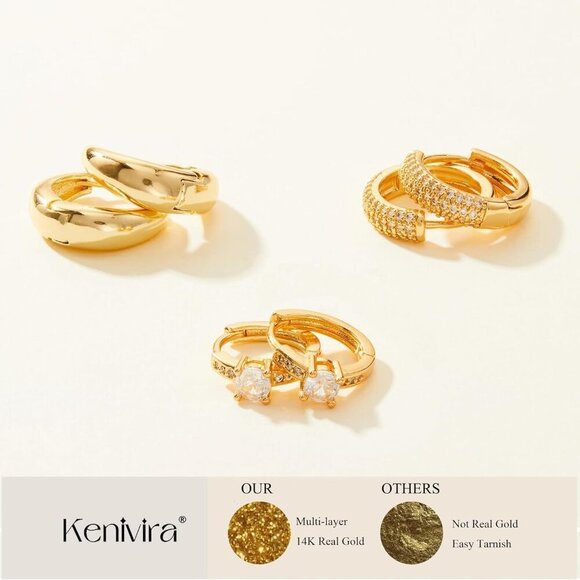 Gold Hoop Earrings Set for Women - 14K Gold Plated Small Hoops, Chunky Thick Ear - Picture 7 of 9